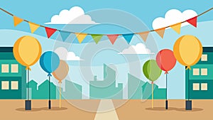 Decorative banners and balloons strung across the street adding a cheerful touch to the festivities.. Vector photo