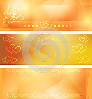 Decorative banners for valentine day - vector set of yellow backgrounds with hearts