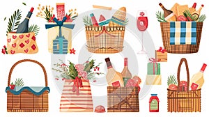 Decorative basket for presents. Food, confectionery, and cosmetics kits in wood box, wicker, and hamper. Isolated on