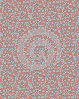 Decorative bicolor botanical spring summer pattern with modest blue flowers isolated on a red coral background