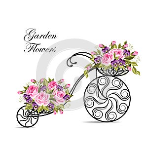 Decorative bicycle with a basket full of flowers