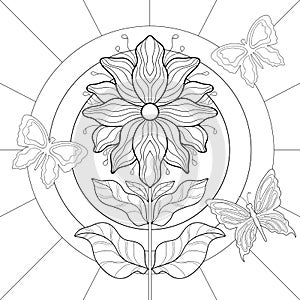 Decorative big flower with simple patterns and leaves, little butterflies on a white isolated illustration.