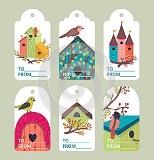 Decorative bird house tag with sign, vector illustration. Tag with nature decoration, colorful animal and tree branch