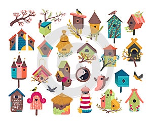 Decorative bird house vector illustration set, cartoon cute birdhouse for flying birds, cute birdbox flat icons isolated photo