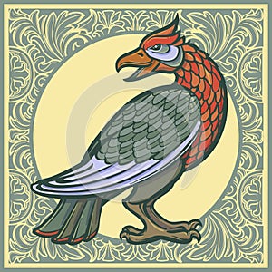 Decorative bird. Medieval gothic style concept art. Decorative floral background