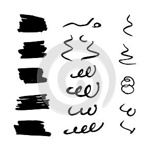 Decorative black brushes on white isolated background. Set of vector brush strokes. Hand-drawn lines for design. Doodle elements