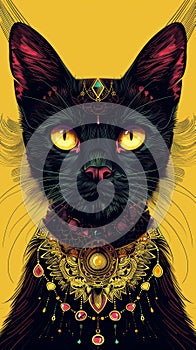 Decorative black cat with mystical jewelry and yellow eyes