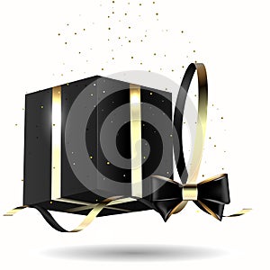 Decorative black gift box with golden bow and long ribbon. Vector