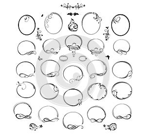 Decorative black oval, round frames and vignette set. Part 3