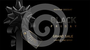 Decorative black ribbon bow with price tag isolated on black background. Vector tag decorative golden text. Black Friday Grand