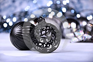 Decorative black and silver christmas balls with lights still life stock images