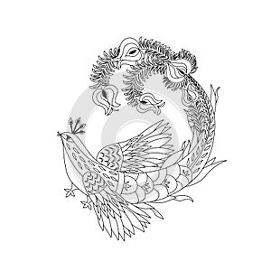 Decorative black and white magic bird for adult antistress coloring page, t shirt print and henna tattoo