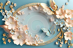 Decorative blue background with pink flowers and butterflies, frame for photo album. Mural with paper flowers