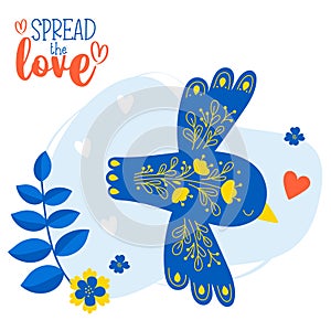 Decorative blue bird with floral pattern and English text Spread love. Vector illustration. Motivational card, valentine photo