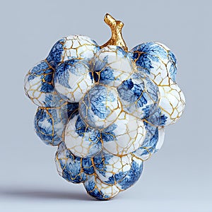 A decorative blue grape-like cluster within a golden leafy frame, suspended against a gradient background - AI-Generated photo
