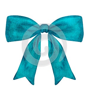 Decorative blue turquoise bow with long ribbon. Accessory for hair little girl. Decorating a gift. Hand drawn watercolor
