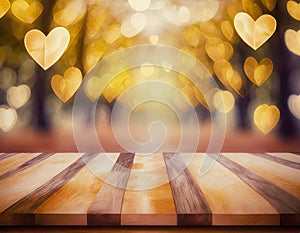 Decorative board for display of product with gold hearts in background bokeh effect