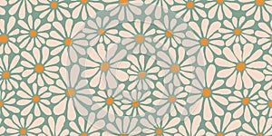 Decorative Boho Seamless Pattern with Daisy Flowers. Vector Floral Groovy Bg. Abstract Retro Background