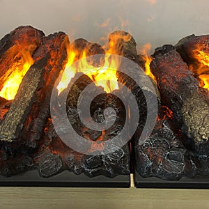 decorative bonfire. Abstract background of glowing orange red-hot wooden charcoal