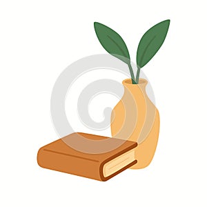 Decorative Book with Vase and Green Leaves Illustration