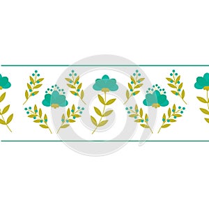 Decorative border with blue flowers and leaves. Floral frame.