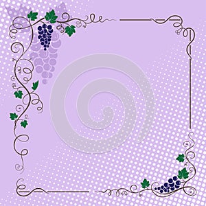 Decorative border with bunch of grapes, grape leaves, vines and swirls.