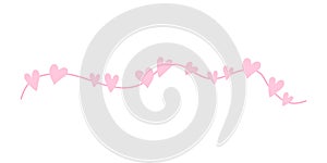 Decorative border element, cute hand drawn divider. Vector ornament frame border line. Wavy line with pink hearts