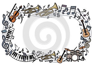 A decorative border features various musical