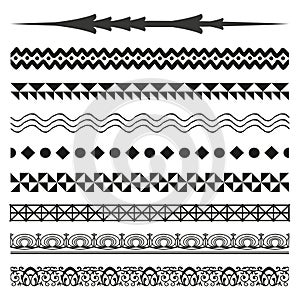 Decorative border patterns set. Tribal and geometric designs. Seamless ornamental strips. Vector illustration. EPS 10.