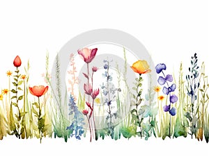 Decorative border with wildflowers in style of fluded watercolor