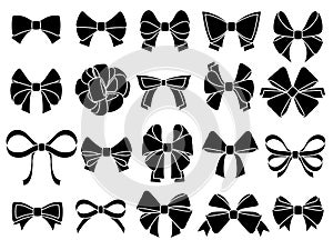Decorative bow silhouette. Gift wrapping favor ribbon, black jubilee bows stencil vector icons set