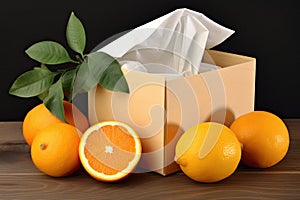 Decorative box of tissues and fresh oranges on a rustic table