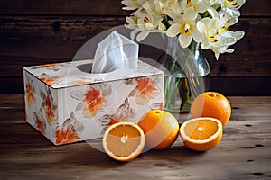 Decorative box of tissues and fresh oranges on a rustic table