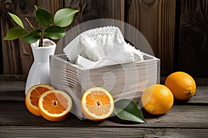 Decorative box of tissues and fresh oranges on a rustic table