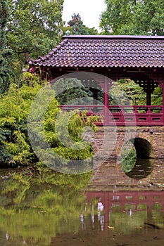 Decorative bridge in the Japanese Garden in Leverkusen, Germany