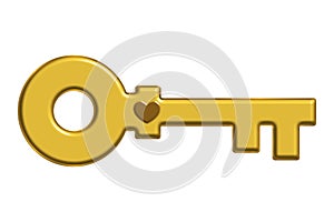 Decorative and bright 3D style golden key isolated on white background. Yellow glossy door key with a heart symbol.