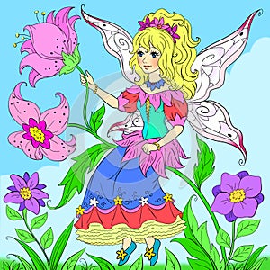 Decorative bright colorful  illustration with fairytale flower fairy sitting among flowers