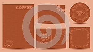 decorative brown backgrounds with coffee beans and cups. Vector templates. Coffee drinks