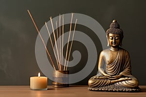 Decorative buddha statue with burning candle. Generate Ai