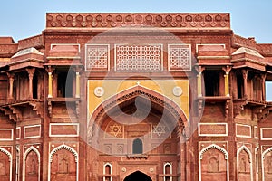 Decorative buildings and walls inside of Agra red fort in India, beautiful architecture elements