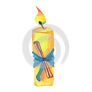 decorative burning candle with blue bow and cinnamon stick. flame of Christmas candle with ribbon and bow
