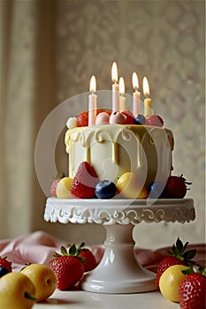 A decorative cake sits on a white pedestal. It features a pastel design with swirling patterns