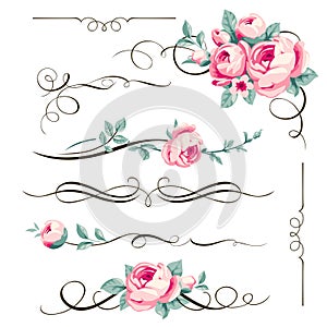 Decorative calligraphic elements and flowers for your design. photo