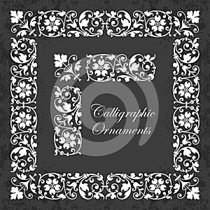 Decorative calligraphic ornaments, corners, borders and frames on a chalkboard background - for page decoration and design