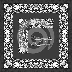 Decorative calligraphic ornaments, corners, borders and frames on a chalkboard background - for page decoration and design
