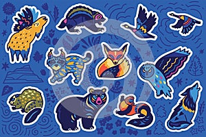 Decorative Canadian animal sticker set. Vector illustration