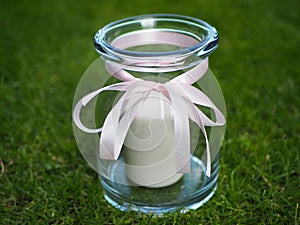 Decorative candle holder jar with pink bow