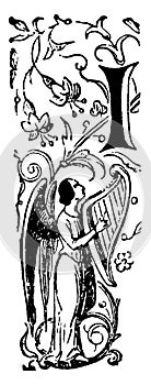 Decorative Letter I with Angel Playing Harp, vintage illustration