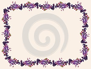 Decorative card with border from watercolor drawings autumn branches hawthorn with ripe berries