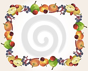 Decorative card with border from watercolor drawings of set various ripe fruits,yellow apples,red cherries and plum,blue